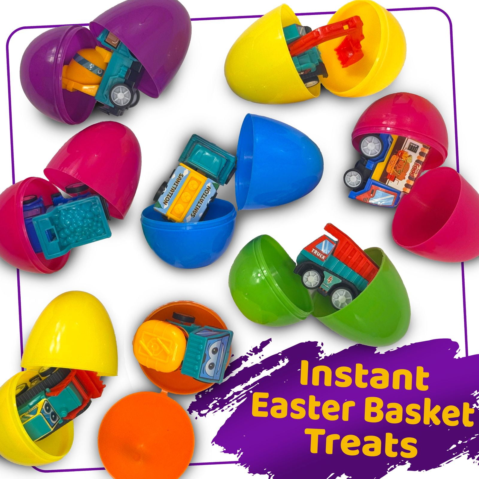 Stargo 24 Pk Colorful Prefilled Easter Eggs with toys - Construction Engineering Vehicles, pull-back cars, Bright Plastic Easter Eggs Filled, Basket Fillers Egg Hunts, Party Favors, Boys Goodie Bags