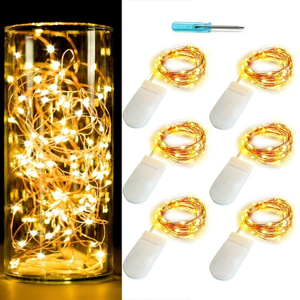 Juego de 6 luces de hadas, 20 luces LED estrelladas CR2032, pilas incluidas, guirnaldas decorativas centelleantes para interiores, dormitorios, exteriores, bodas, fiestas y decoraciones de festivales.