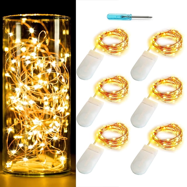 Juego de 6 luces de hadas, 20 luces LED estrelladas CR2032, pilas incluidas, guirnaldas decorativas centelleantes para interiores, dormitorios, exteriores, bodas, fiestas y decoraciones de festivales.