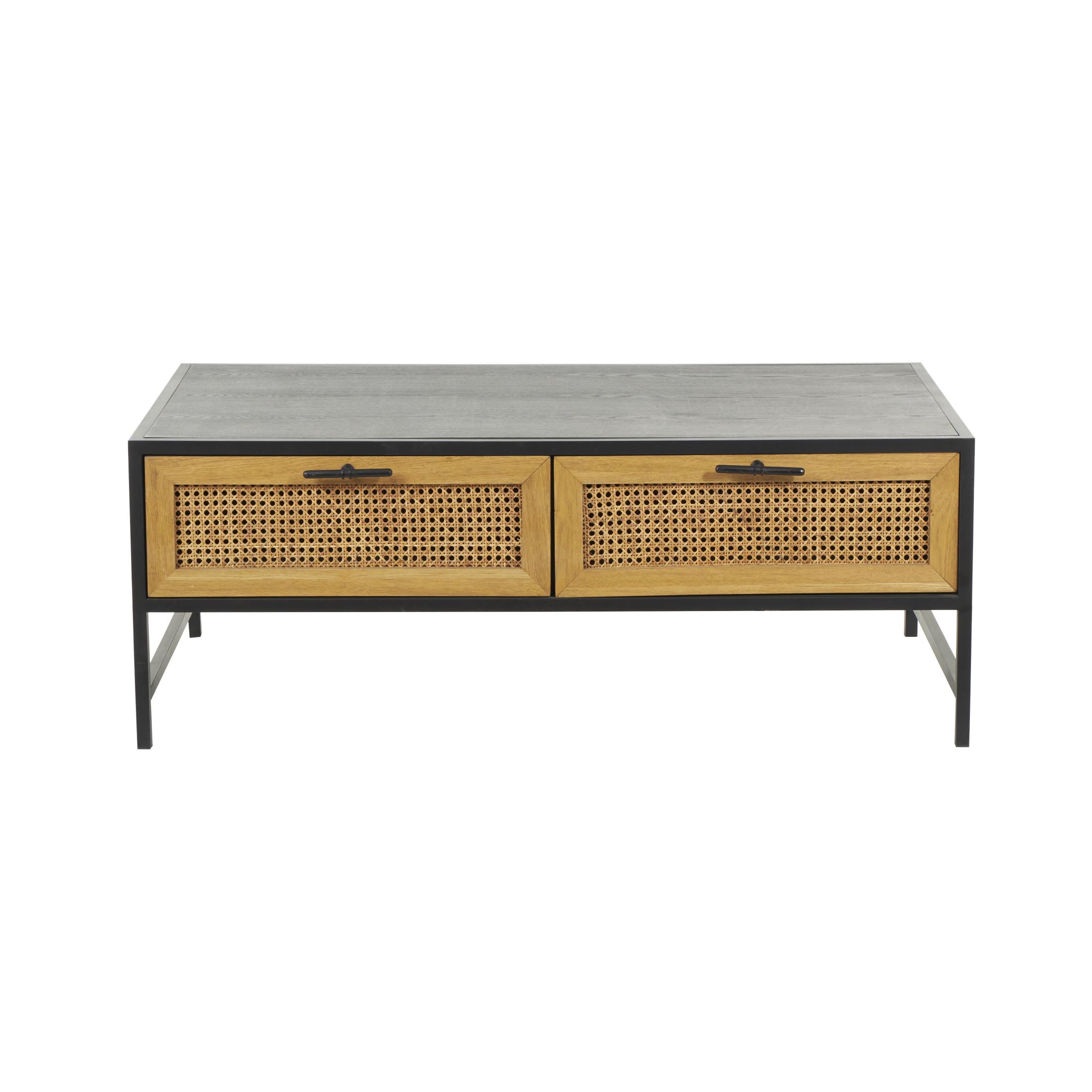 DecMode 47" x 18" Black Wooden Handmade 2 Drawer Coffee Table with Rattan Drawer Fronts, 1-Piece