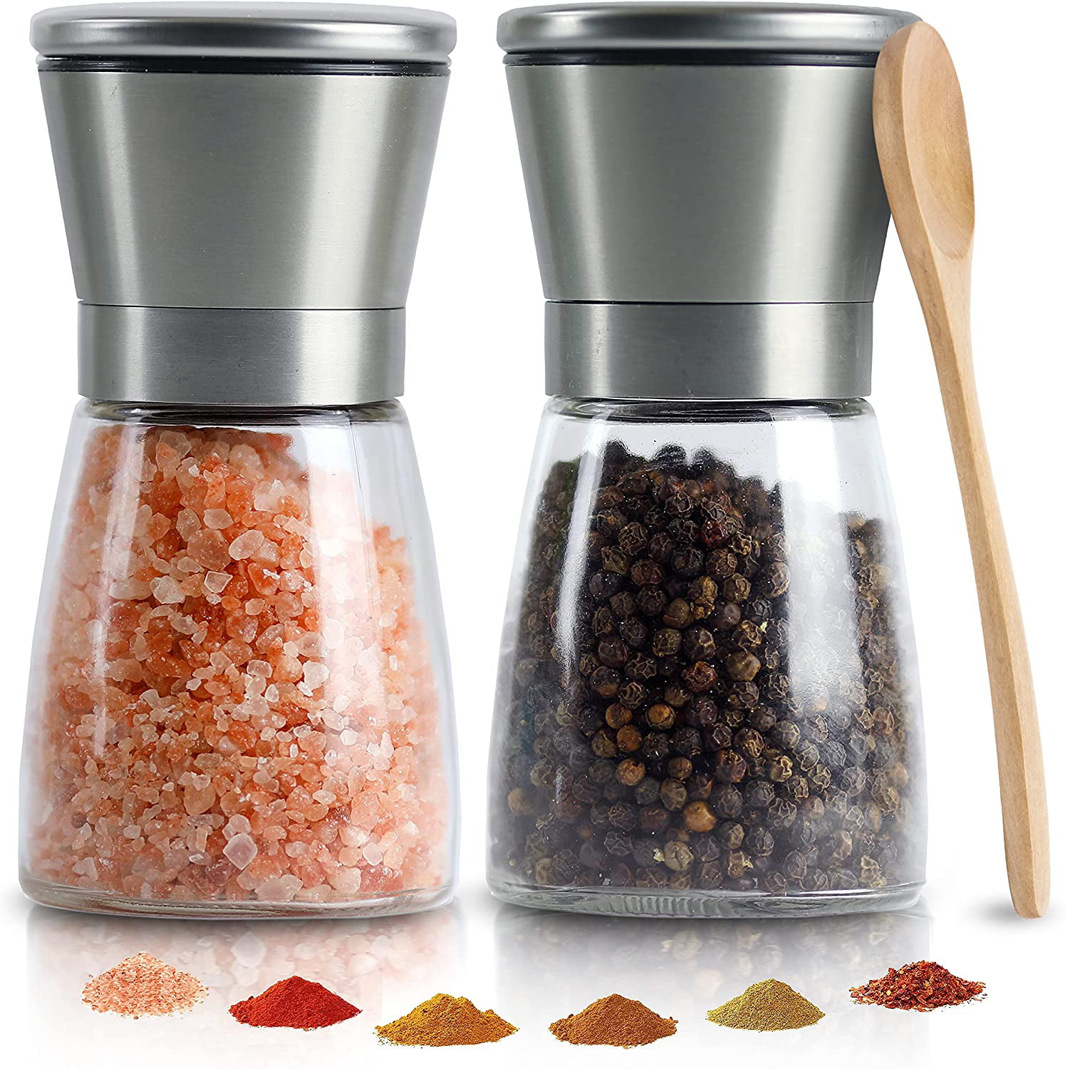 Salt and Pepper Grinder Set of 2 Tall Shakers Mill Glass Stainless Steel Spices