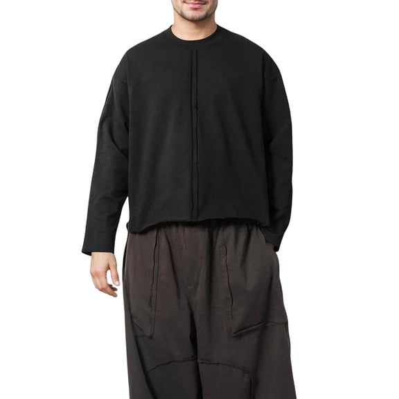 Curuila Mens T Shirt Long Sleeve Solid Color Crew Neck Pullover For Men Loose Fit Comfortable Tops Black Size L
