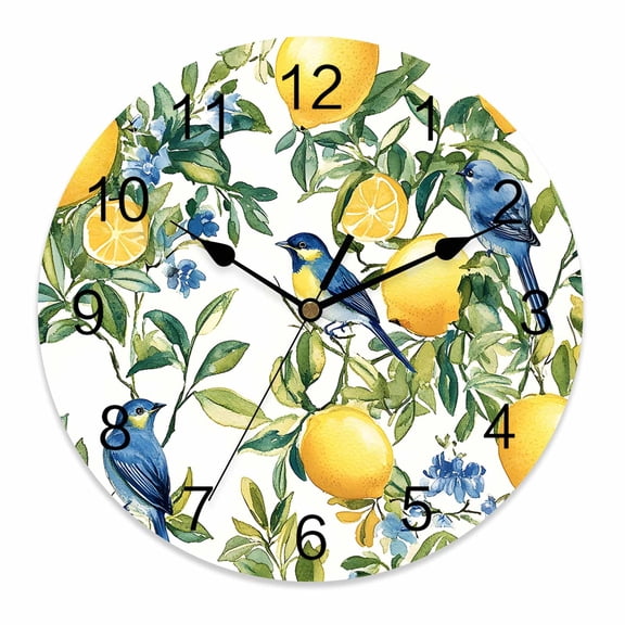Wall Clock 10 Inch Chinoiserie Tropical Round Silent Decorative Wall Clocks Battery Operated for Living Room Bedroom Kitchen Classroom Decor, Yellow Lemon Blue Bird Pattern,Small