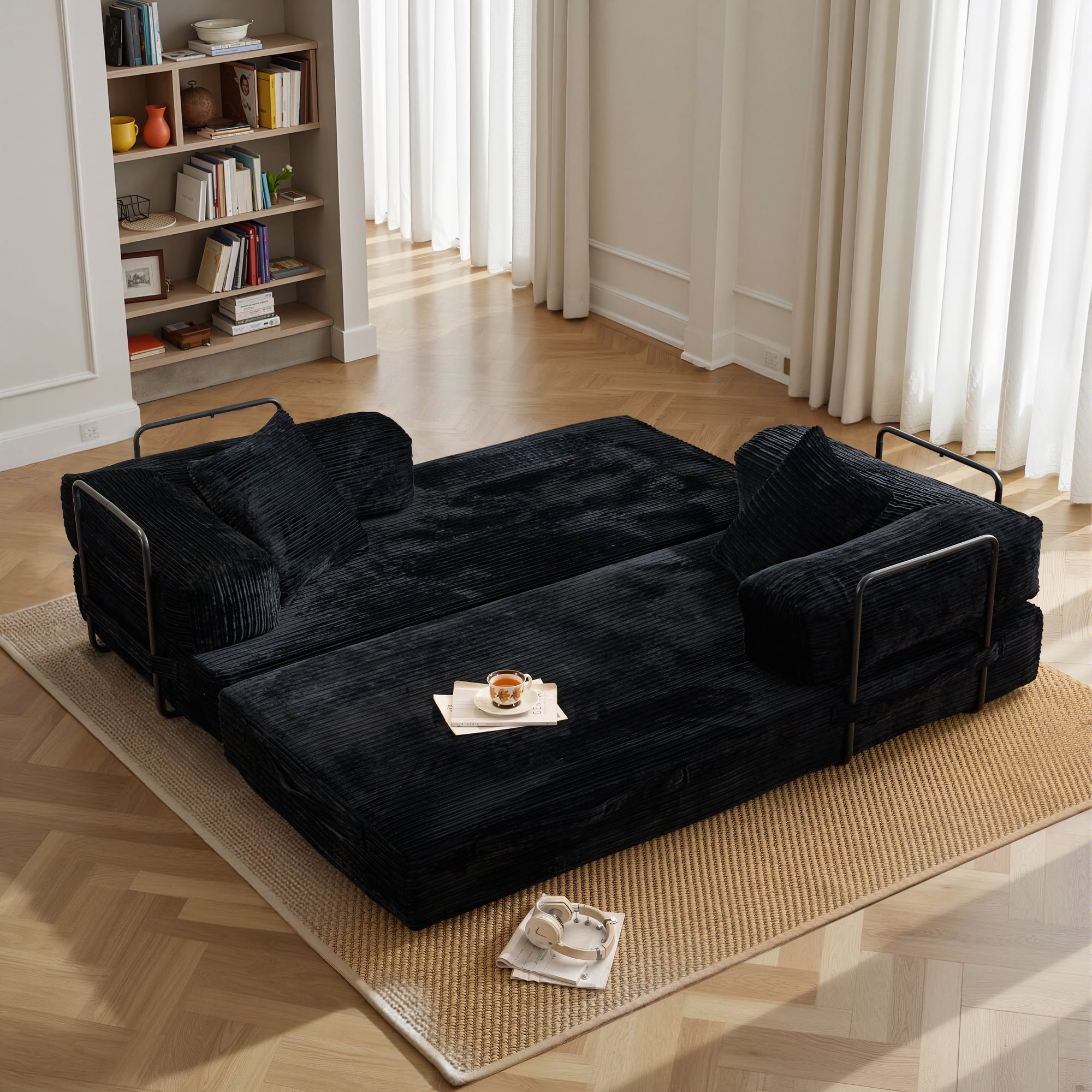 Toject 81" Convertible Sleeper Sofa Bed, Cloud Corduroy Floor Couch with Pillow, Comfy Foldable Couch Sofa Bed for Living Room, Bedroom, Black