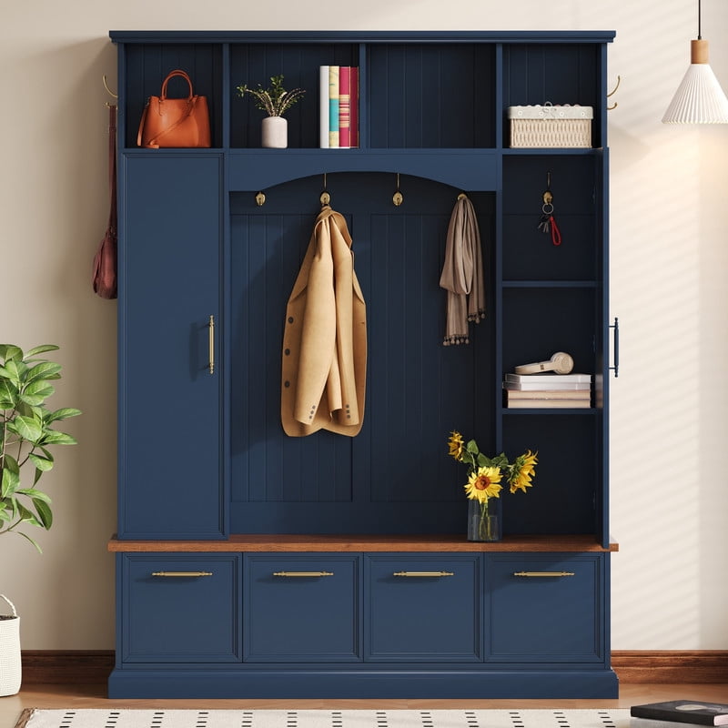 76.7''H Tall Hall Tree with Golden Hooks & Handles, Entryway Large Shoe Storage Bench with Cabinets & Adjustable Shelves