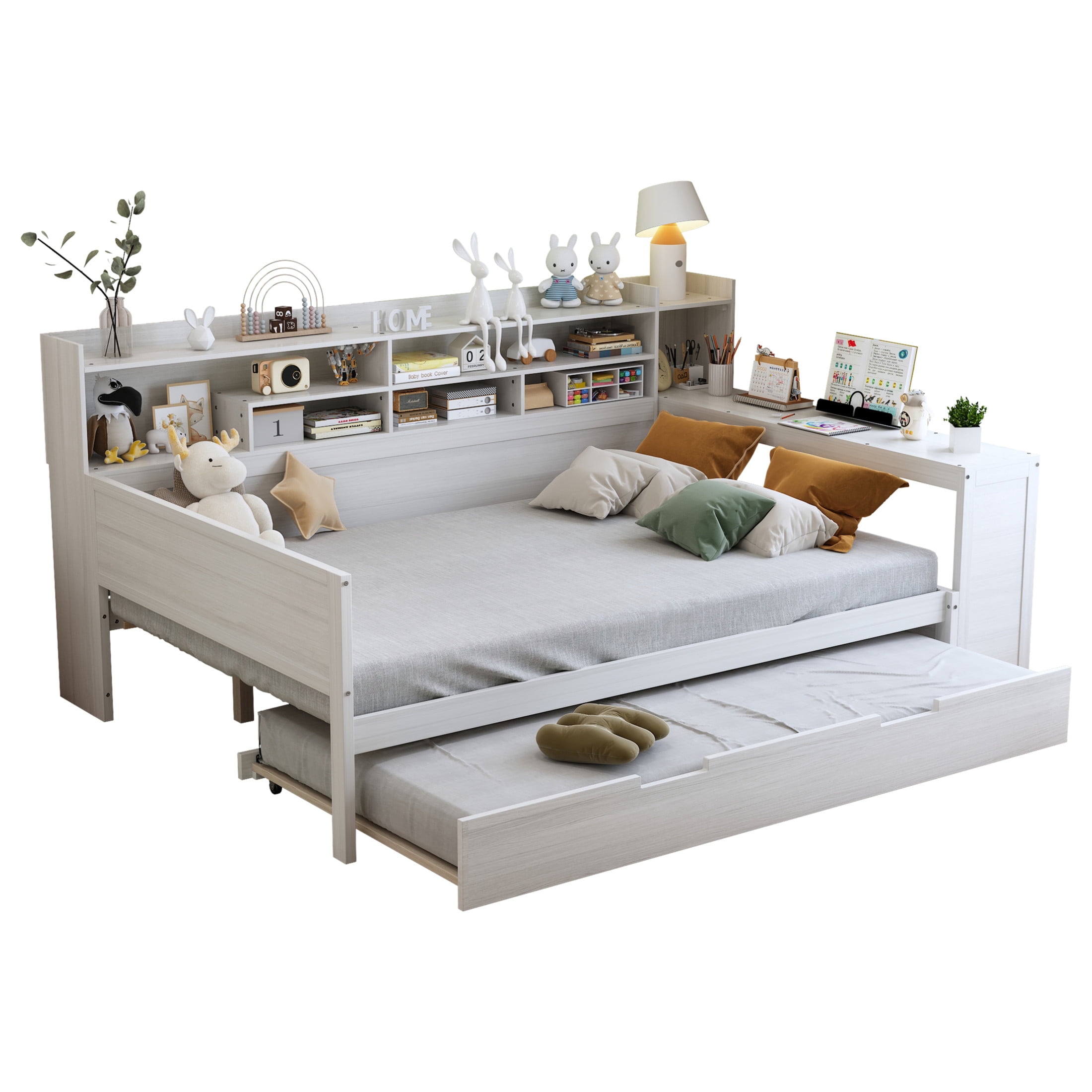 Noble House Full Size Daybed with Twin Trundle, Storage Shelves and Study Desk, Antique White