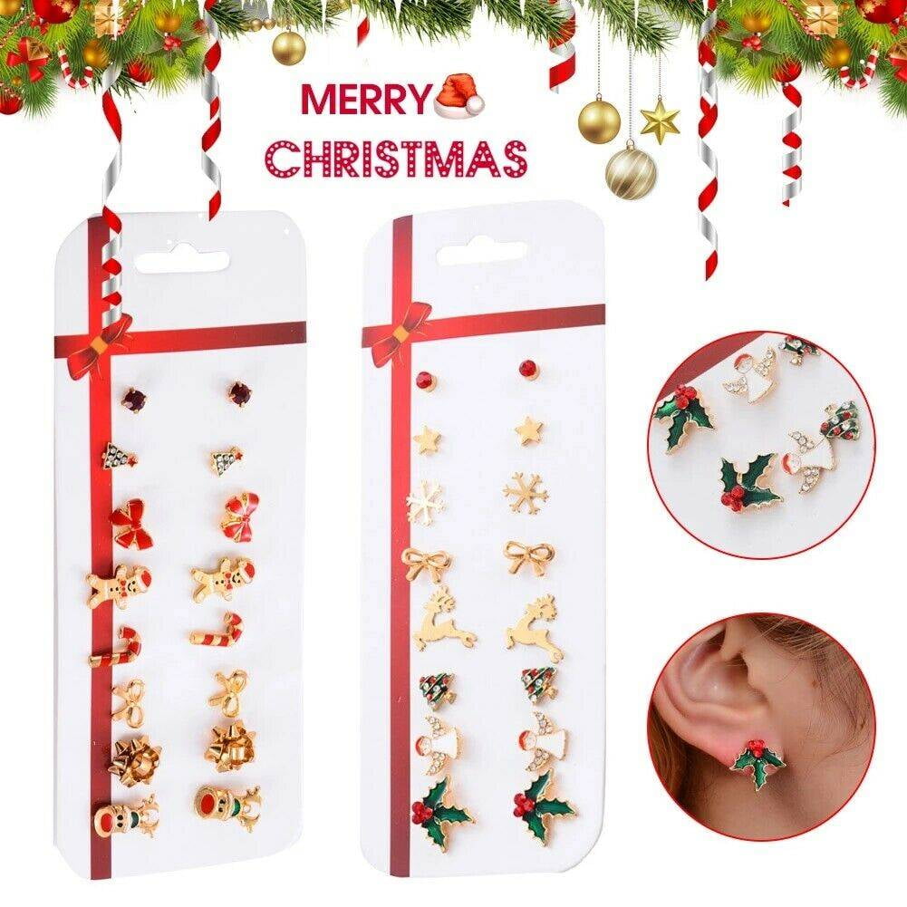 Christmas Tree Snowman Deer Bell Ear Stud Earrings Xmas Party Women Jewelry 