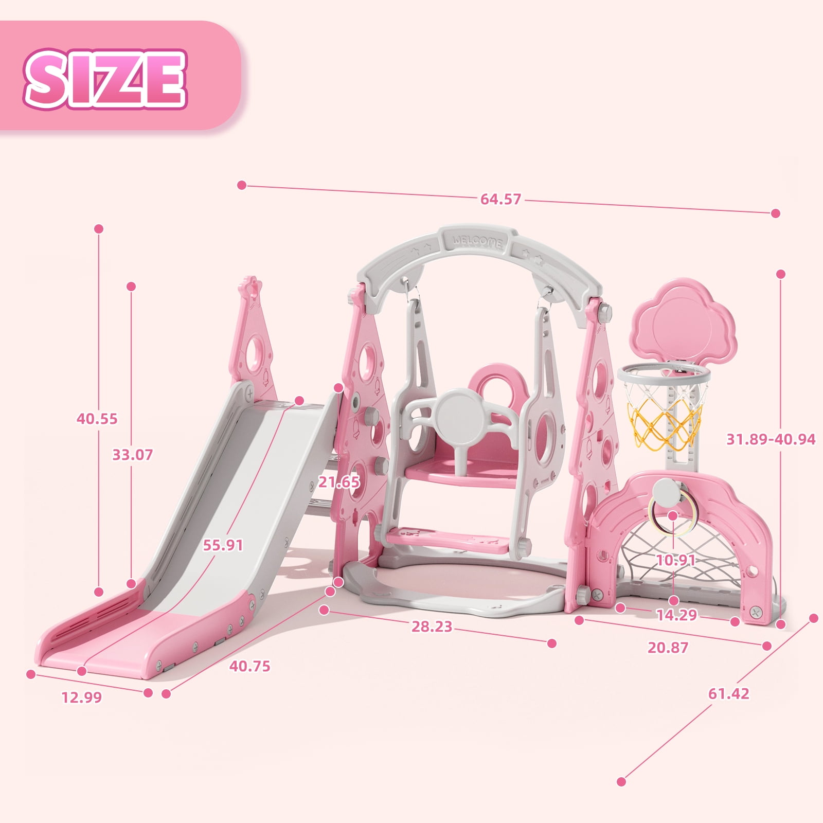XJD 6-in-1 Toddler Slide and Swing Set, Kids Indoor Outdoor Playset with Basketball Hoop, Backyard Playground for Toddlers 1-3 Years Old, Pink