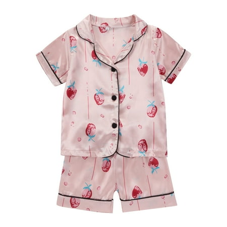 

Boys Girls Cute Printed Short Sleeve Shorts Satin Pajamas Universal Loungewear Set