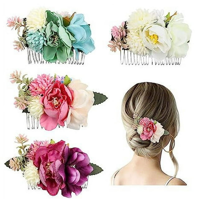 Zhuge Paquete de 4 horquillas de metal con flores artificiales para el pelo, pinzas deslizantes con dientes, lazos florales, pasadores, pinzas para el pelo para mujer, decoración de bodas