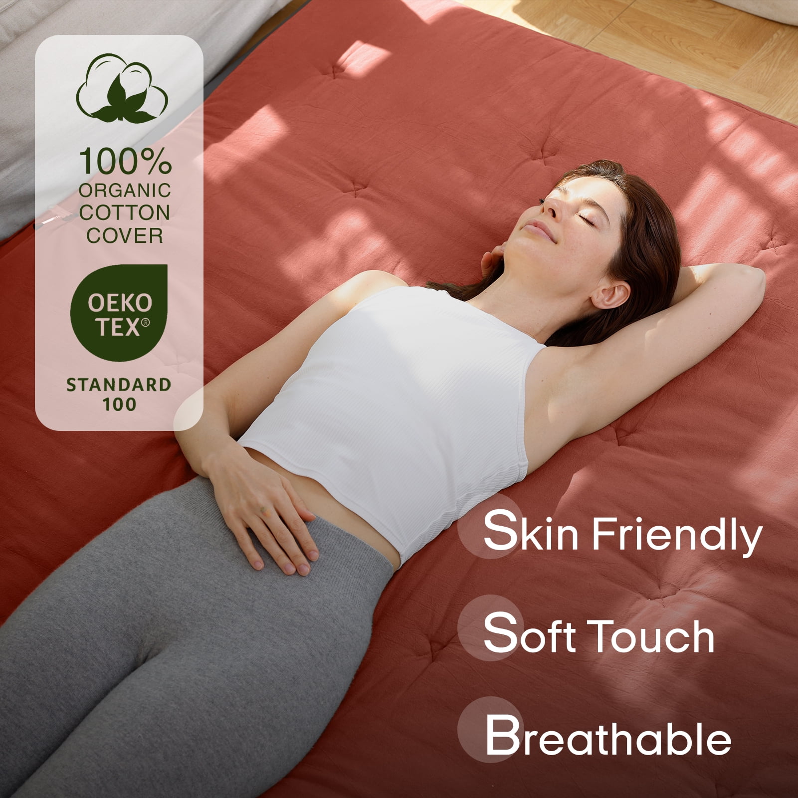 Zonli Japanese Floor Futon Mattress, 2.5" Cotton Folding Tatami Pad, Queen 80"x60", Red
