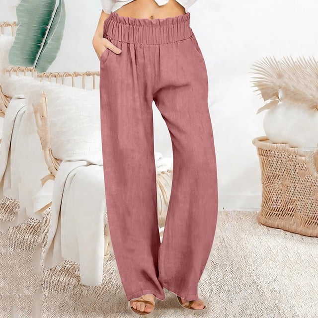 TaTaai Women Loose Fit Solid Cotton Linen Wide Leg Long Pants Casual Ladies Weekend Outdoor Vacation Wear Breathable No Fading Soft Stylish Versatile Trousers Gift