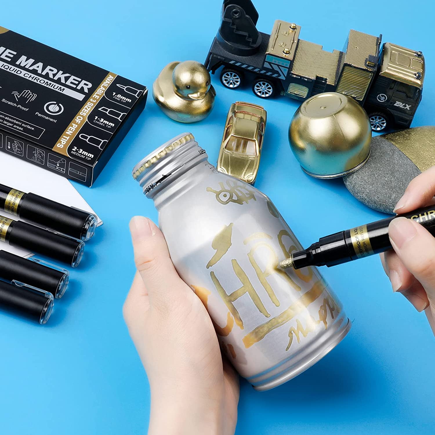 Copper Liquid Chrome Marker Set: 5pcs Oil- based Liquid Chrome Paint Pen, Permanent Reflective Chrome Touch Up Markers for Model Metal Plastic Glass Ceramic Cars Repair Tire DIY Art Craft(1-3mm)