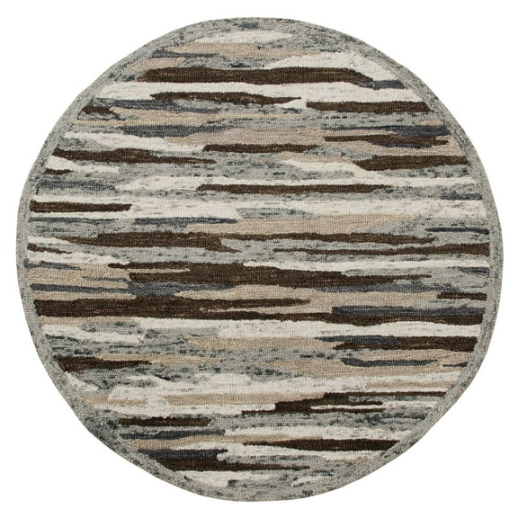Laddha Home Designs 4' Gray and Brown Camouflage Hand Tufted Round Wool Area Throw Rug