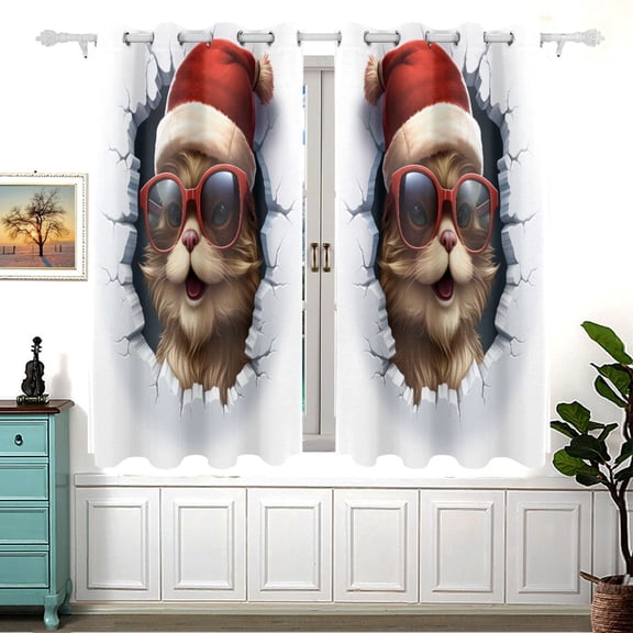 Cat Hat Sunglasses Wall Curtain Black Out Thermal Insulation Curtains Aesthetic 54 Inch Length for Bedroom Living Room 2 panels set