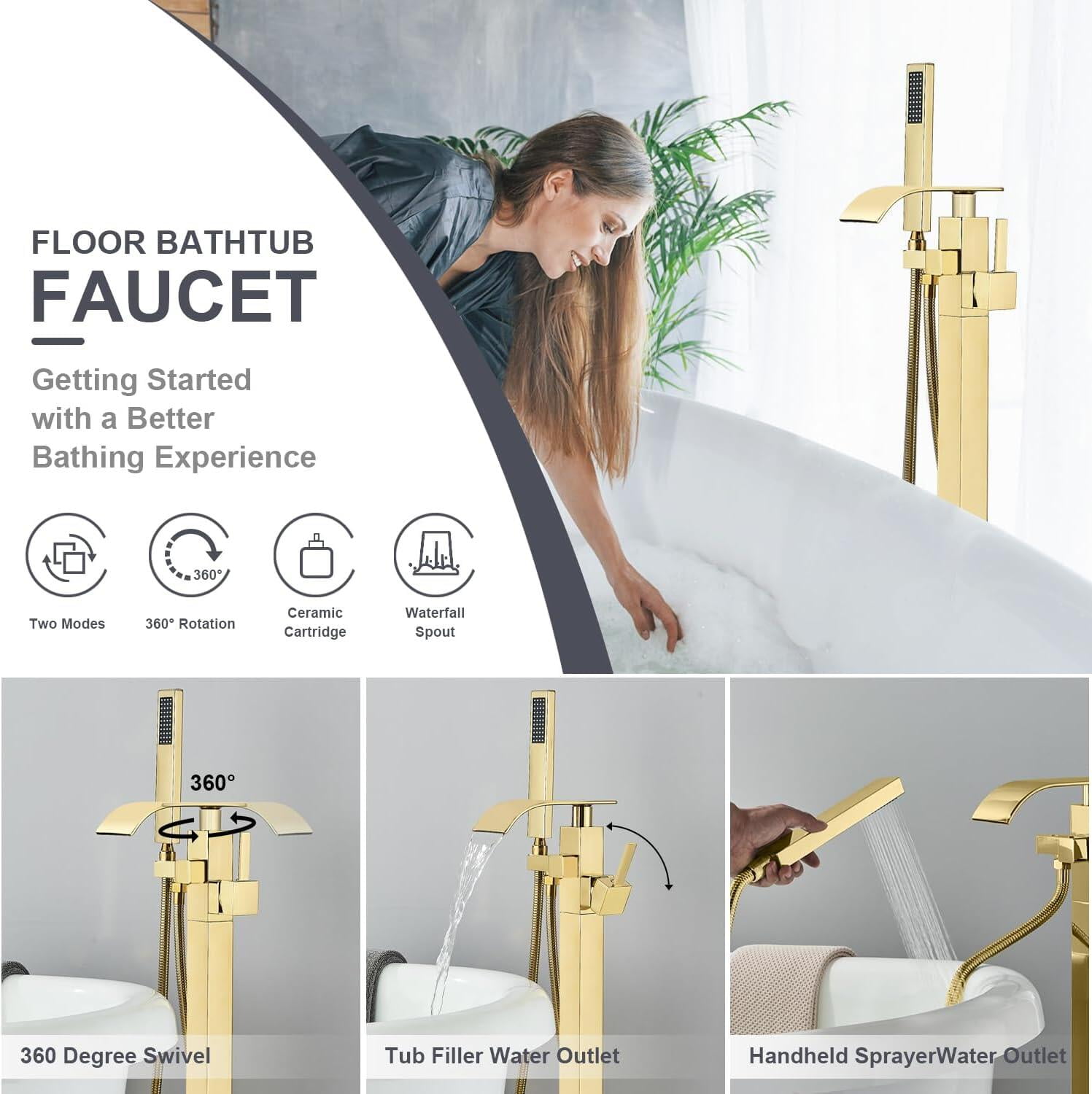 Golden Floor Mounted Bathtub Faucet Free Standing Tub Filler W/Hand Sprayer