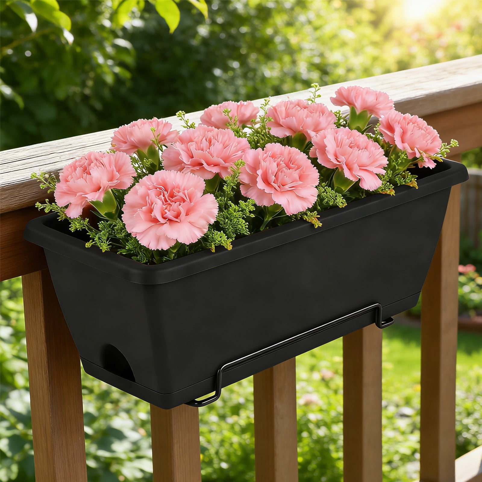 Railing Planter Boxes, Deck Rail Planter for Outdoor Plants, Hanging Railing Window Boxes Planter with Drainage Tray, Window Flower Pots with Brackets, for Over Rail Porch Fence, Balcony & Home Decor