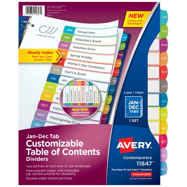 Avery Ready Index TOC Paper Divider, Color, Jan-Dec (11847) - Walmart.com - Walmart.com
