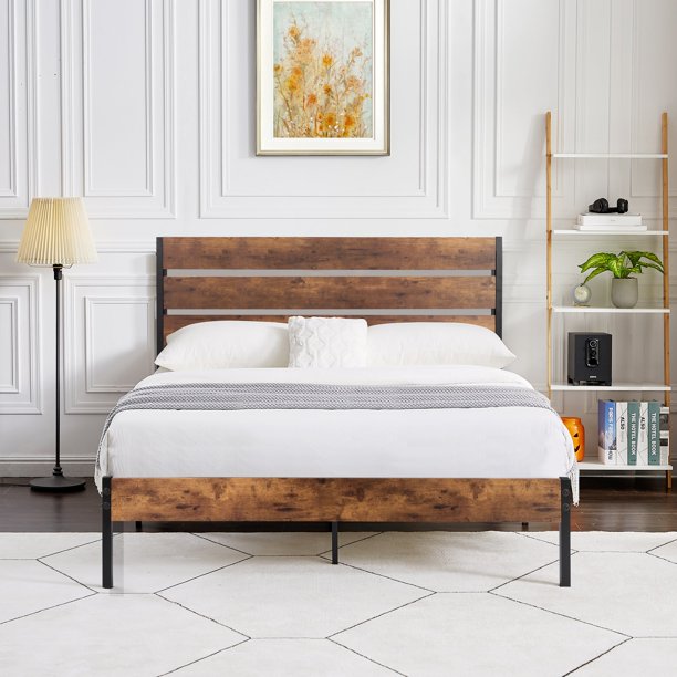 VECELO Full Bed Frame with Wooden Headboard, Rustic Industrial Platform ...