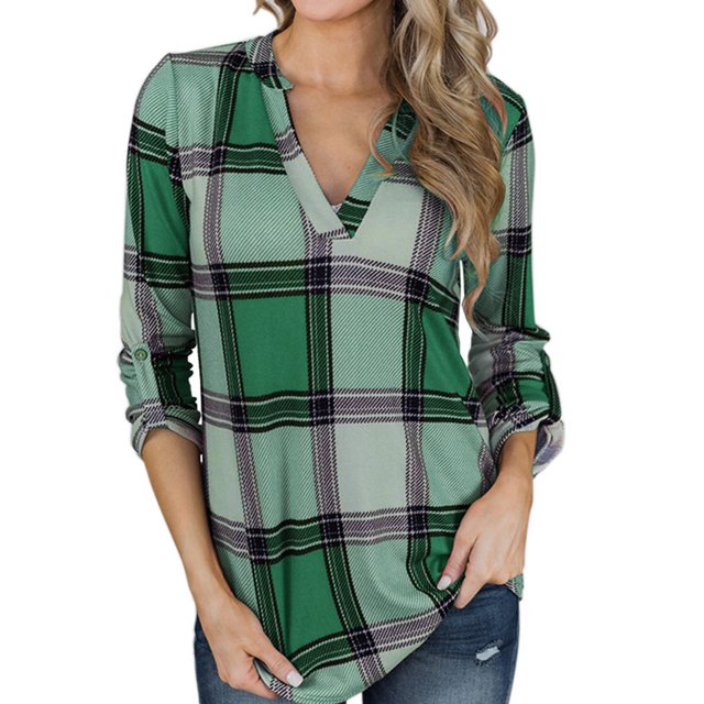 Camisas a Cuadros Jersey Cuello en V Manga Larga Casual Bloque de Color Moda Camisa a Cuadros Túnica para Mujer Verde XL