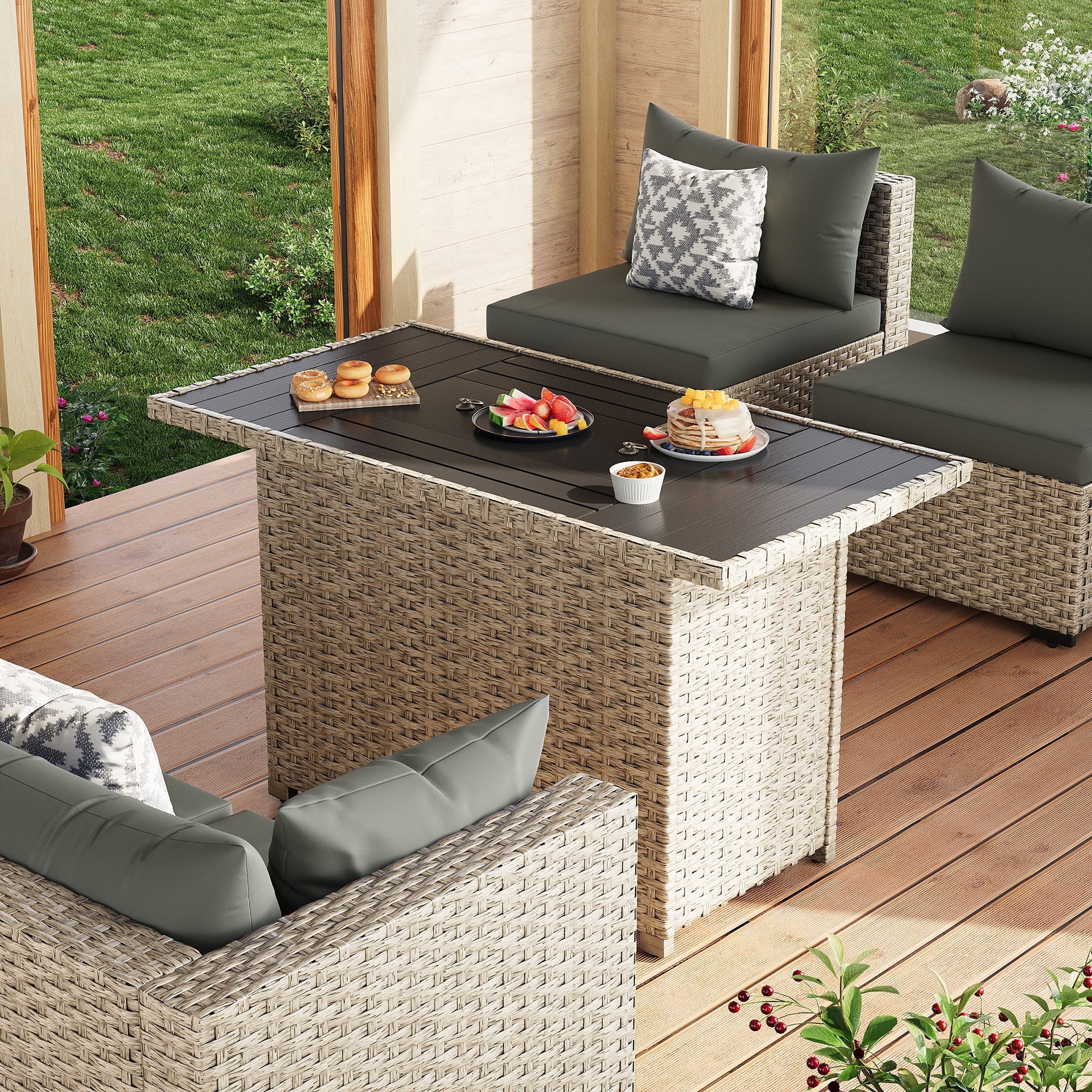 MRUAKA Outdoor Patio Furniture Set, 10-Piece Modular Sectional Sofa With Gas stove, PE Wicker Outdoor Conversation Set for Patio, Garden, Backyard, Gray