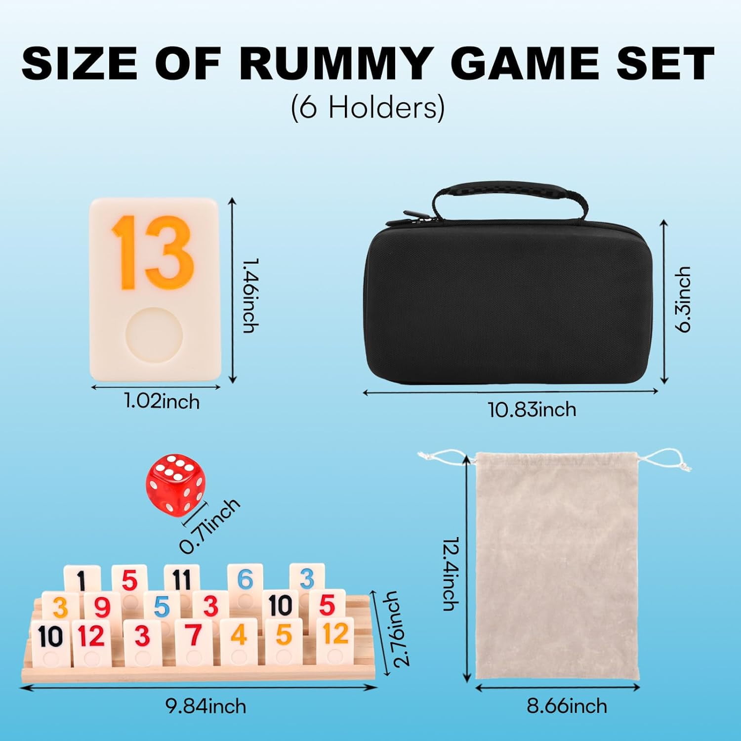 Demteric Rummy Cube Game 6 Players with Portable Travel Case, 162 Melamine Rummy Tiles & 6 Wooden Holders, Classic Family Strategy Board Game for Adults Kids