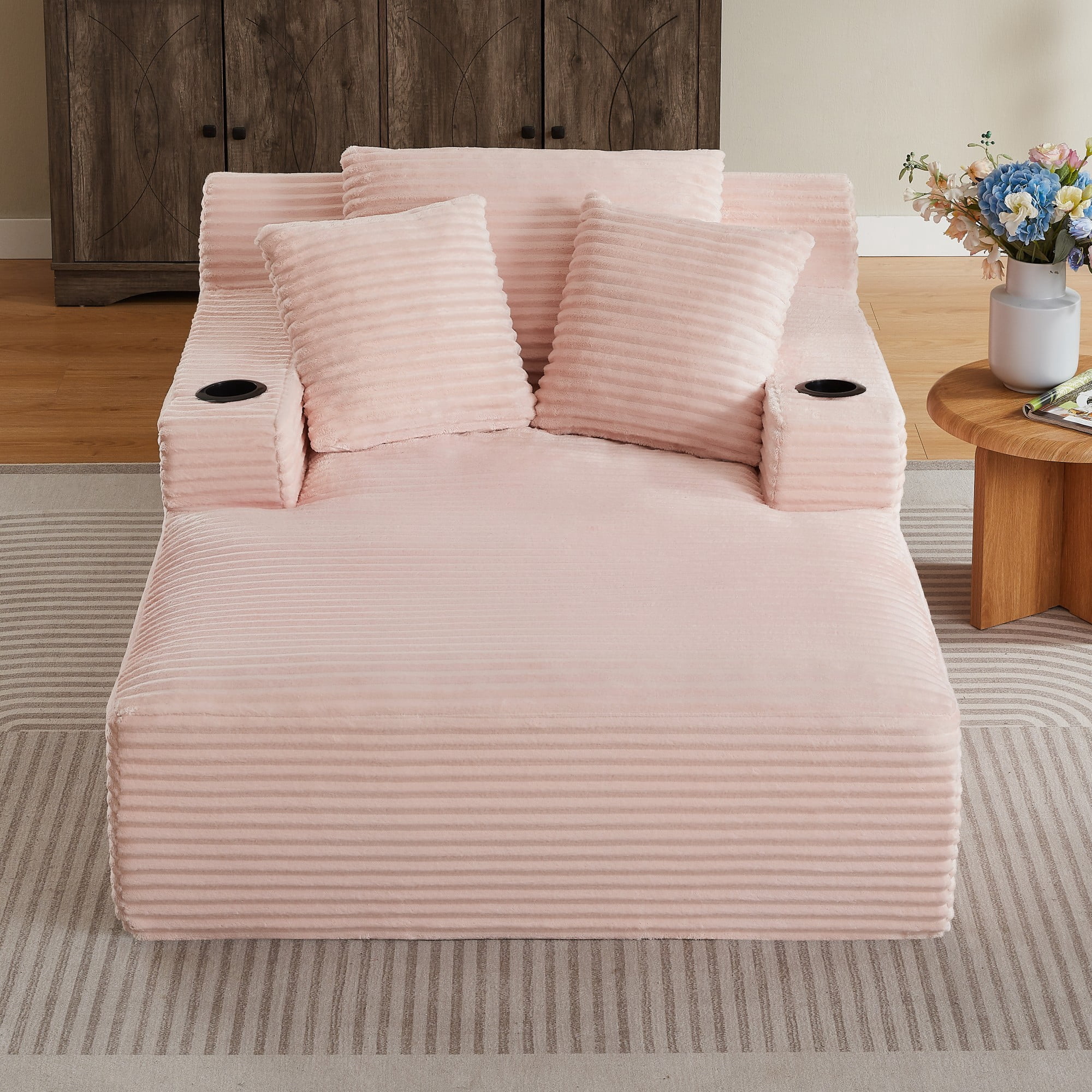 BSHTI 66.1" Corduroy Oversized Chaise Lounge Chair with Cup Holder, Side Pockets and Boneless Design for Living Room（Pink）
