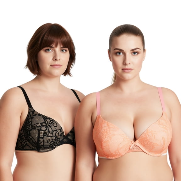 Curve Muse Women's Plus Size Perfect Shape Add 1 Cup Push Up Underwire Lace Bras-2PK-ORANGE,BLACK-32B