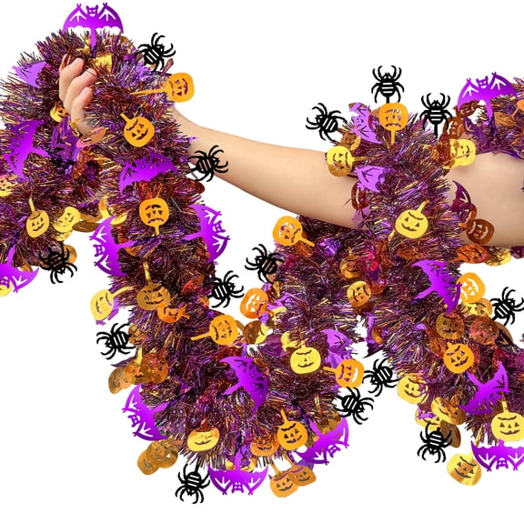Ebaokuup 52.5 Ft Halloween Tinsel Garland, Metallic Pumpkin Bat & Spider Decorations