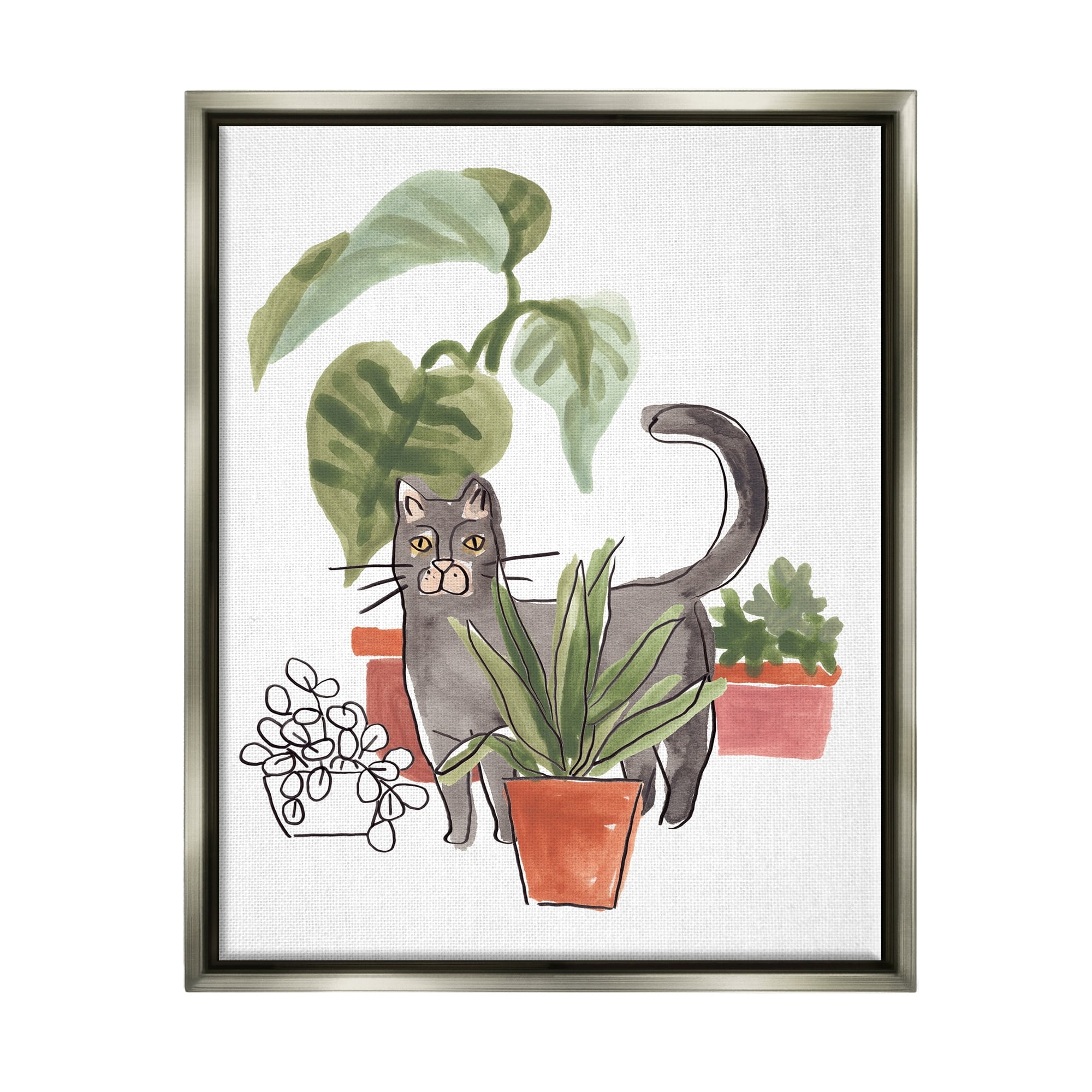 Stupell Industries Grey Cat Pet Terracotta House Plants Tropical Monstera Luster Gray Framed Floating Canvas Wall Art, 16x20, by June Erica Vess