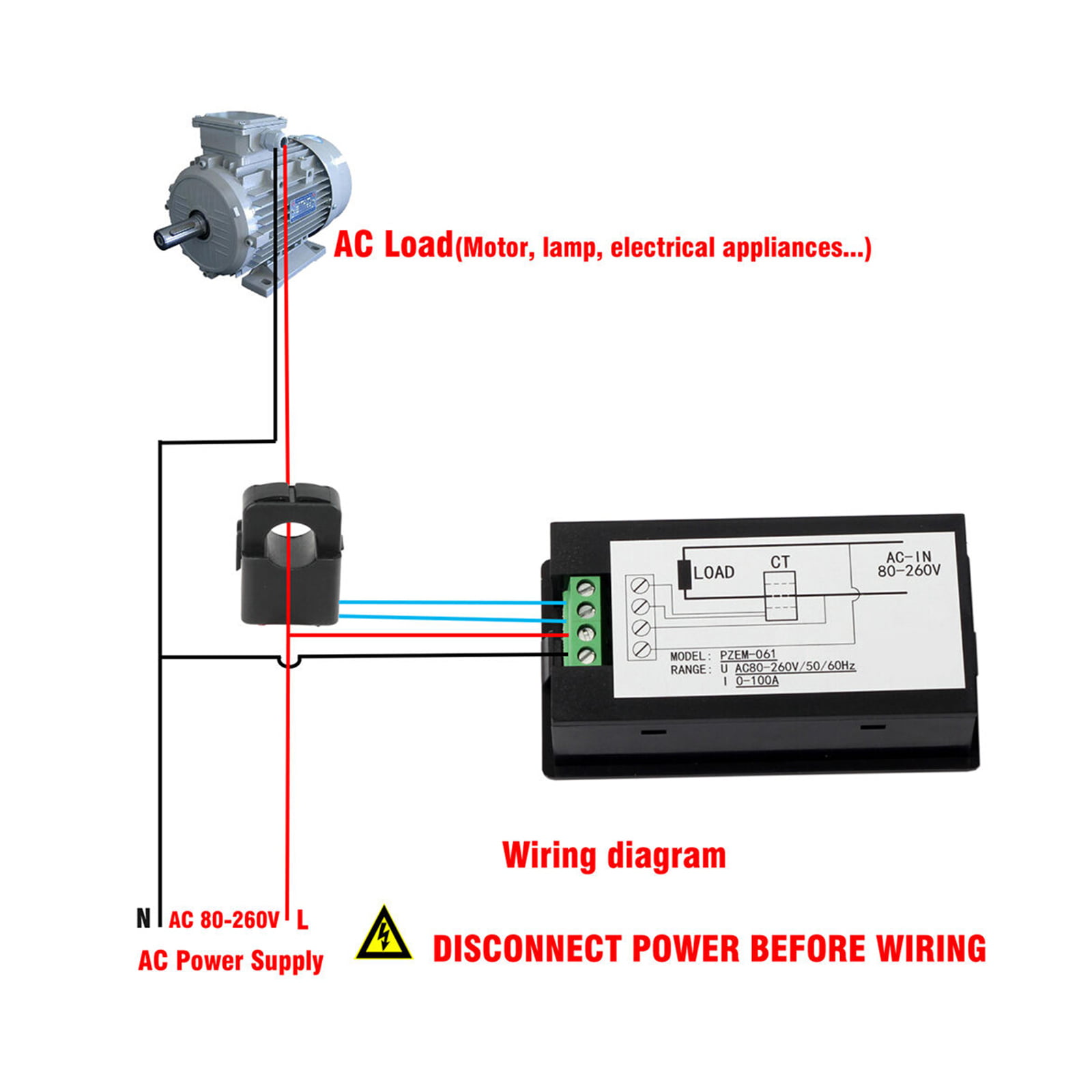 100A AC Digital Power KWh Watt Meter Volt Amp Voltmeter Ammeter Open Close CT 