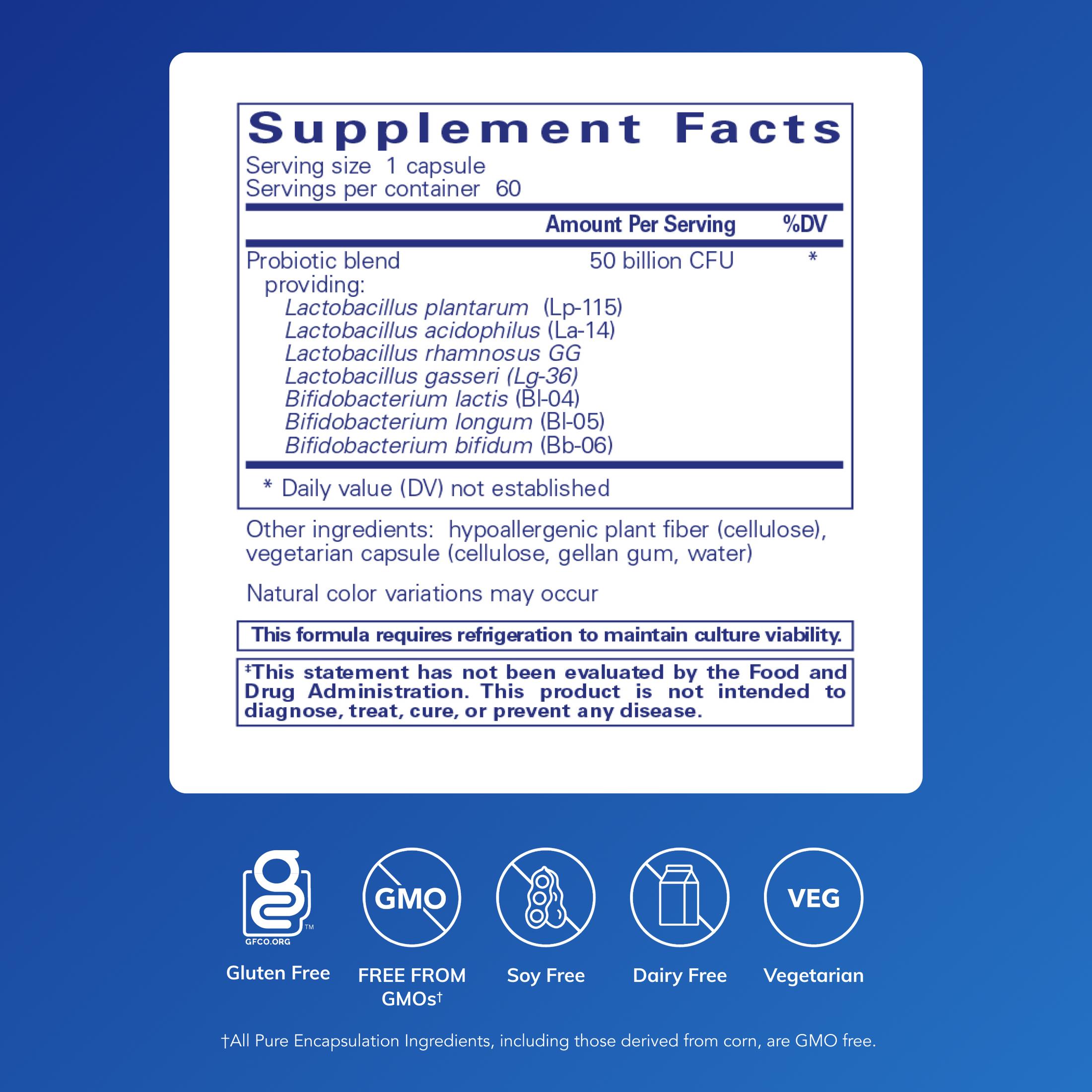 Pure Encapsulations Probiotic 50B - Digestive Health Probiotic - Immune Supplement* - Acid-Resistant Capsules - Gluten Free & Non-GMO - 60 Capsules
