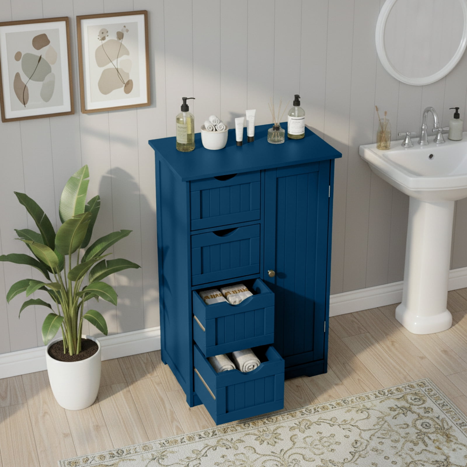 Ktaxon Wooden Bathroom Floor Cabinet, Side Storage Organizer with 4 Drawers, 1 Cupboard & 2-Shelves, Navy Blue