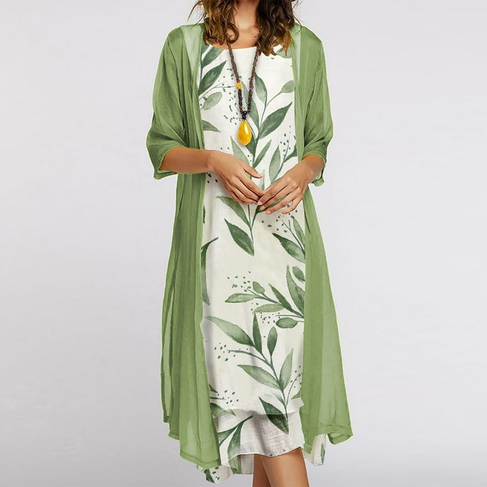 CHUANK Cheistmas Holiday Wear to Work Plus Green Dresses Ladies Casual Floral Print Sleeveles Dress Solid Chiffon Two Piece Set Closeout Sales