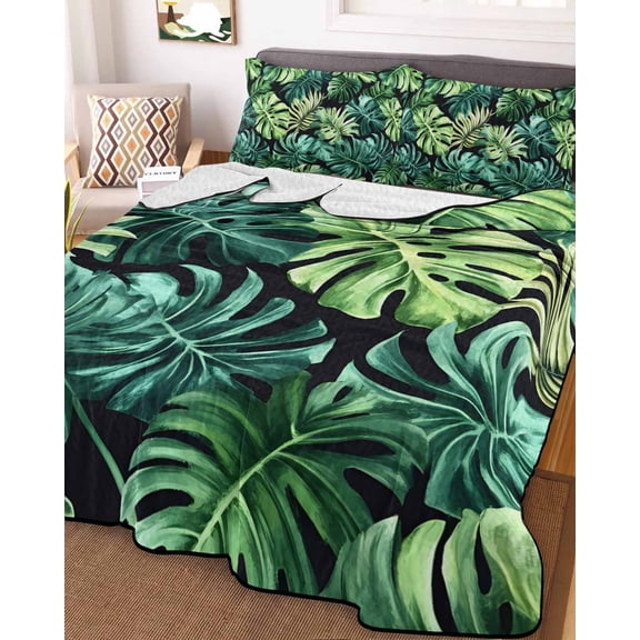 Palm Leaf Queen Size Down Alternative Comforter, Lightweight Comforter Quilt Bedding Set with Pillow Shams Green Tropical Plant Summer Nature Scenery All Seasons Bed Comforter Duvet Insert 90"x96"