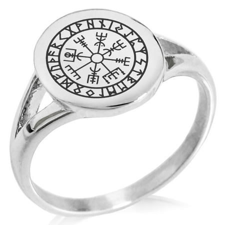 Power Rune Ring - Stainless Steel Icelandic Vegvisir Viking Rune Minimalist Oval Top Polished Statement Signet Ring