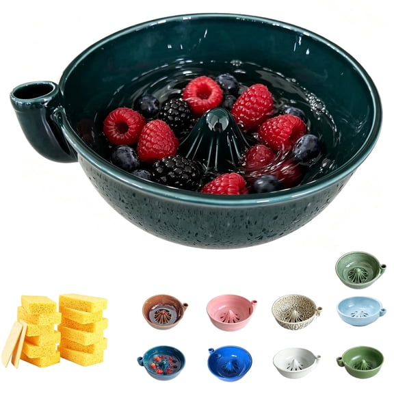 Self Rinsing Berry Washing Ceramic Bowl, 7" Ceramic Berry Basket with Holes, Stoneware Fruit Rinse Bowl, 10pcs Compressed Cellulose Sponges, For Kitchen Counter