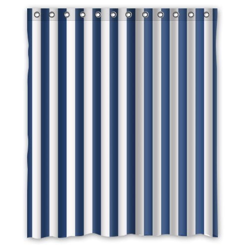 HelloDecor Navy Blue And White Vertical Stripe Shower Curtain Polyester Fabric Bathroom