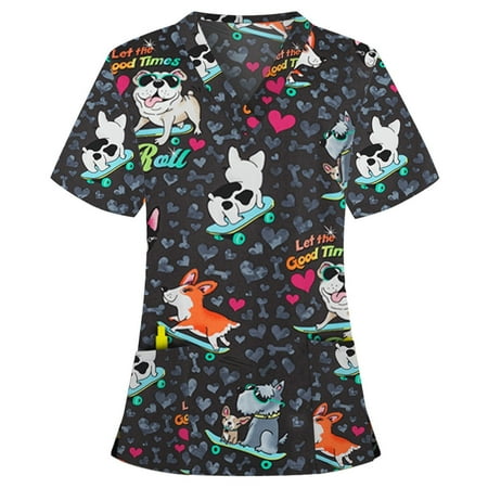 

Women Scrub_Top Working Uniform Blouse Short Sleeve V-Neck Workwear T-Shirt with Pocket Comfy Tops M