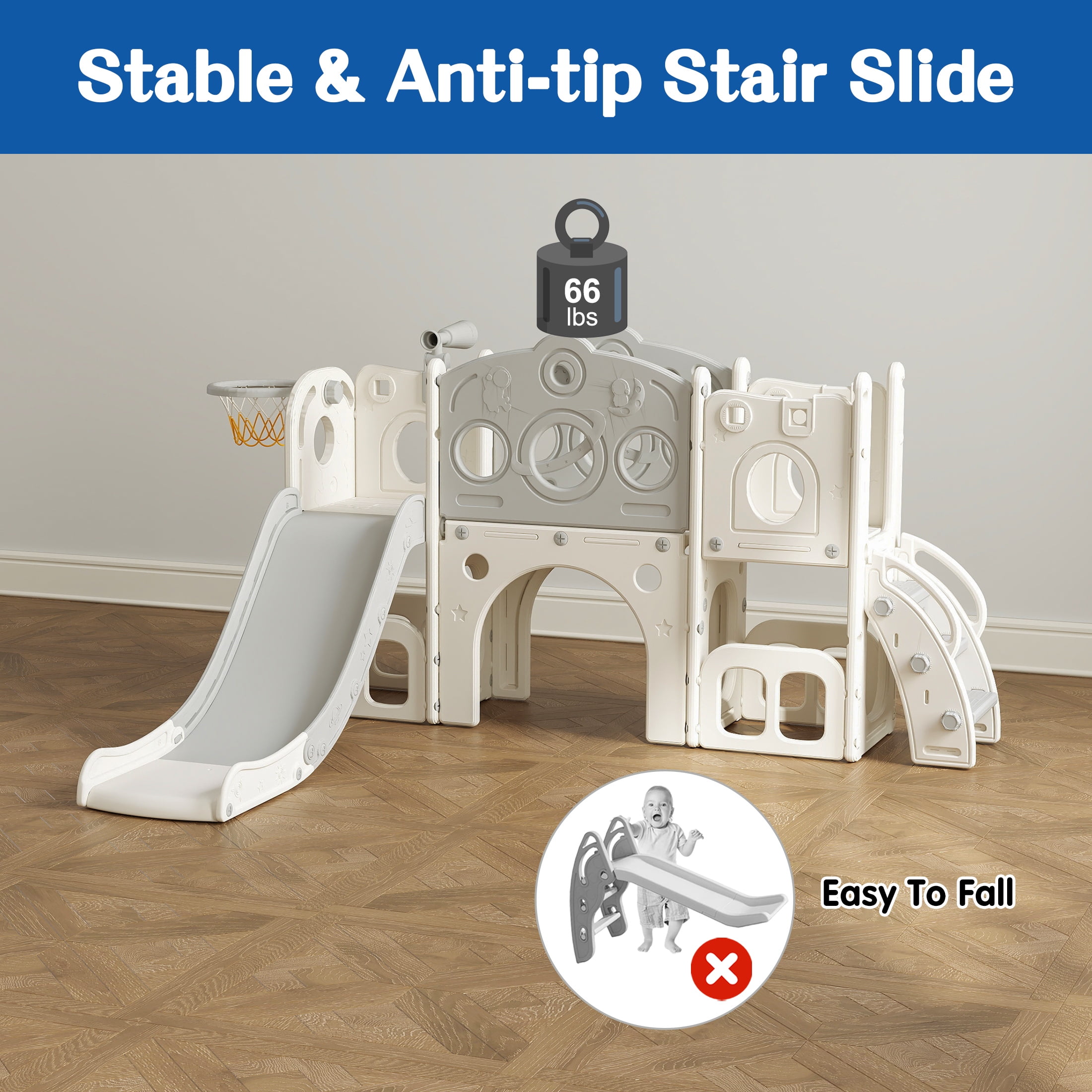 Kinsuite 8-in-1 Toddler Slide Set - Stair Slide for Toddlers 1-3 with Basketball Hoop, Ball, Storage Space & Telescope, Astronaut-Themed Indoor & Outdoor Playground Playset (Grey)