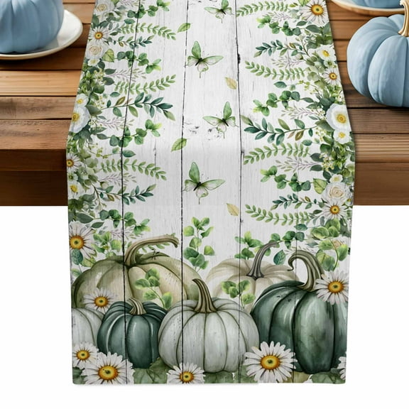 ERUNPONLY Green Pumpkin Fall Table Runner - 90 Inch Long Thanksgiving Eucalyptus Daisy Wooden Cotton and Linen Blended Dress Scarves Farmhouse Table Runner for Kitchen Dining, Coffee Table, 13" x 90"