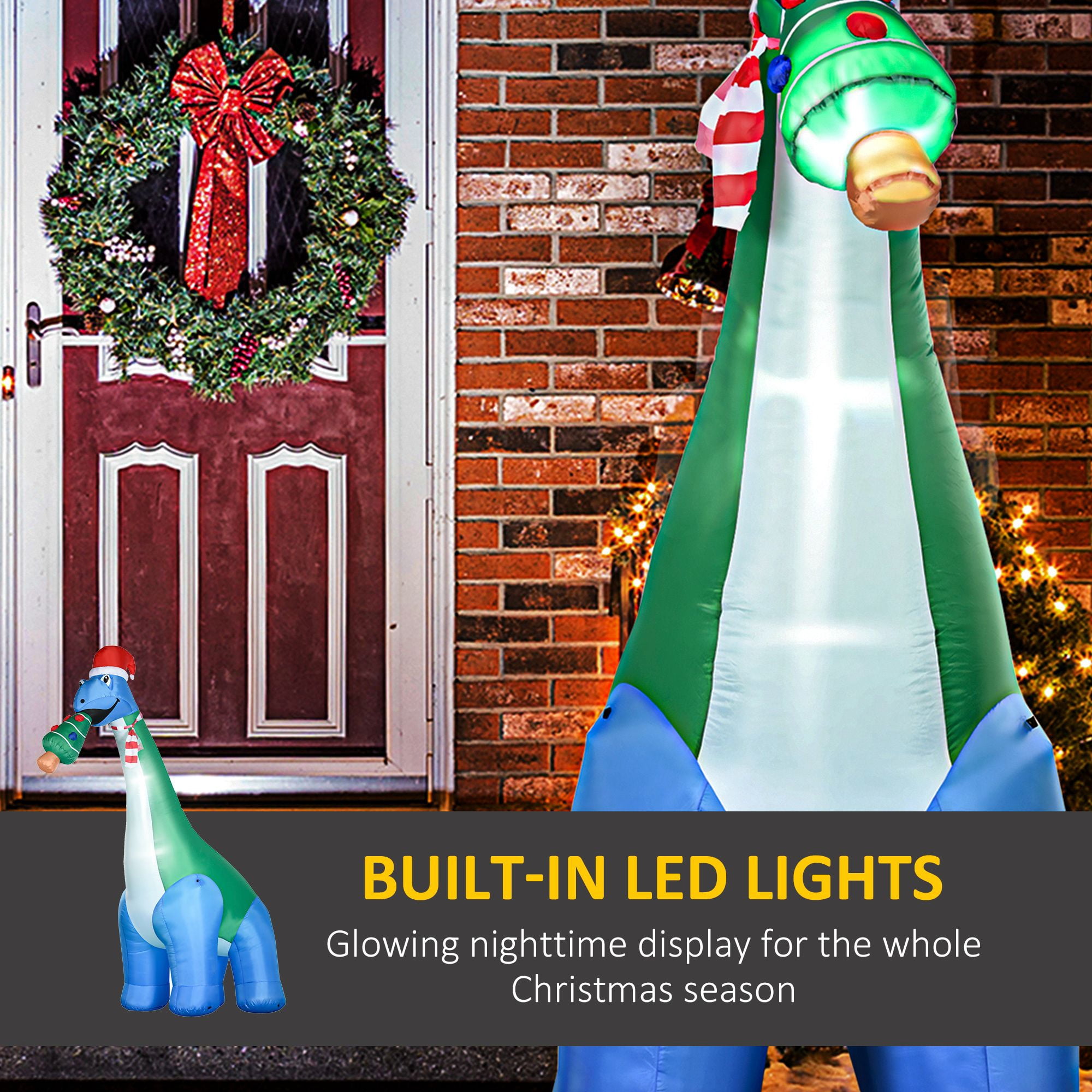 Christmas Inflatable Dinosaur with Tree in Mouth, 11 ft Long Blow-Up LED Yard Decoration, Polyester, Indoor Outdoor Holiday Display