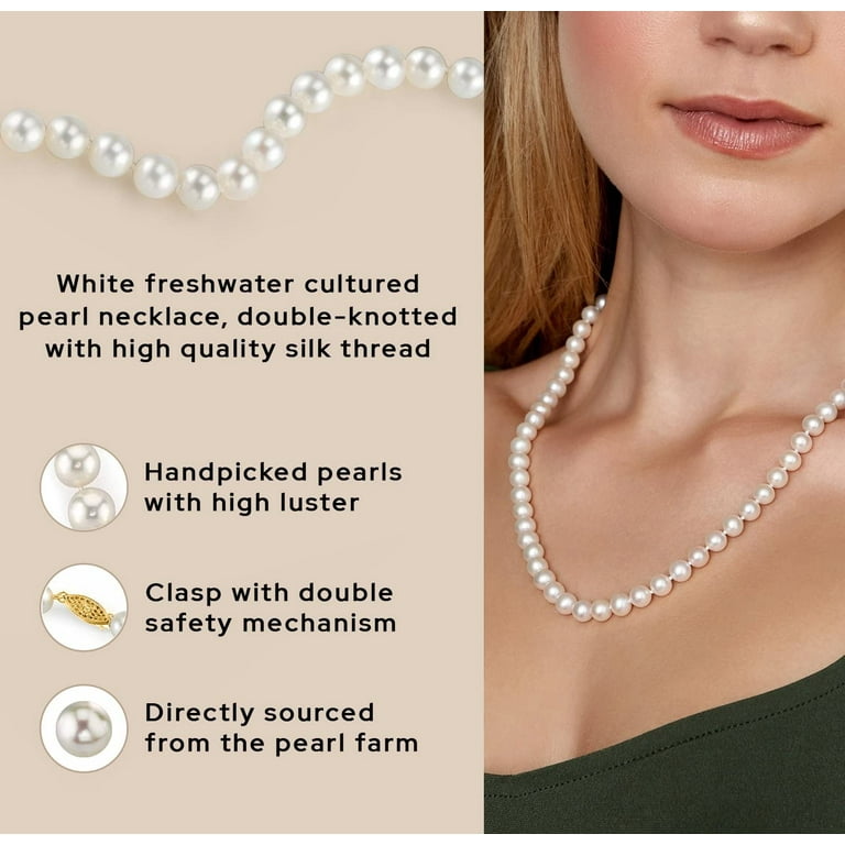 The Pearl Source Real Pearl Necklace for Women with 6.5 7.0mm AAA Quality Round White Freshwater Genuine Cultured Pearls 18 inch Pearl Strand with