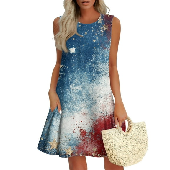 Women's Lightweight Sundress, Sleeveless Round Neck Summer Casual Dress with Patriotic Design, Perfect for Outdoor Celebrations,Wine S