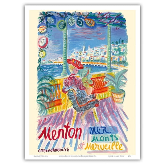 Menton France - Mer Monts et Merveille (Mountains and Sea Wonder) - Vintage Travel Poster by Constantin Terechkovitch c.1960 - Master Art Print (Unframed) 9in x 12in
