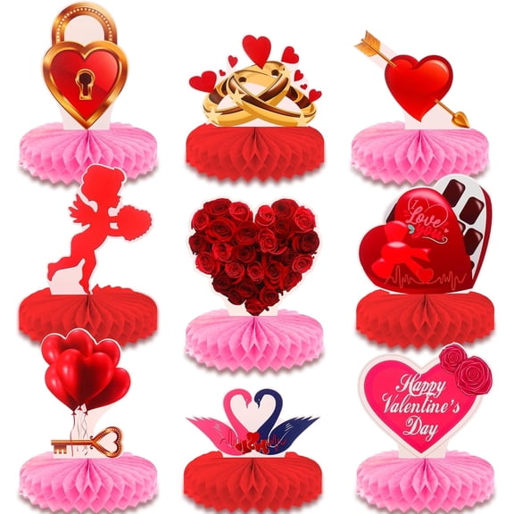 KatchOn, Red Valentines Centerpieces for Tables -, Pack of 9 | 3D Valentine Honeycomb Centerpiece, Valentines Day Table Decorations, | Valentine's Day Table Toppers for Valentines Day Decorations