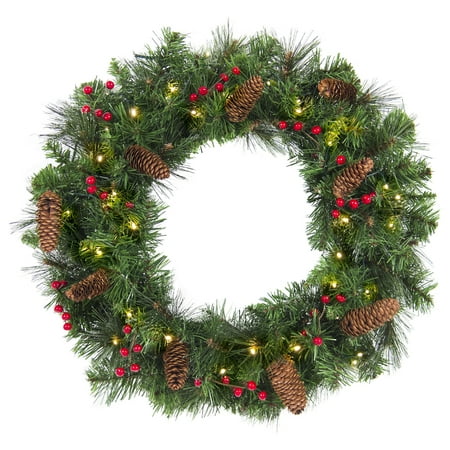 Best Choice Products 24in Pre-Lit Cordless Artificial Spruce Christmas Wreath w/ 50 LED Lights, Silver Bristles, Pine Cones, Berries -