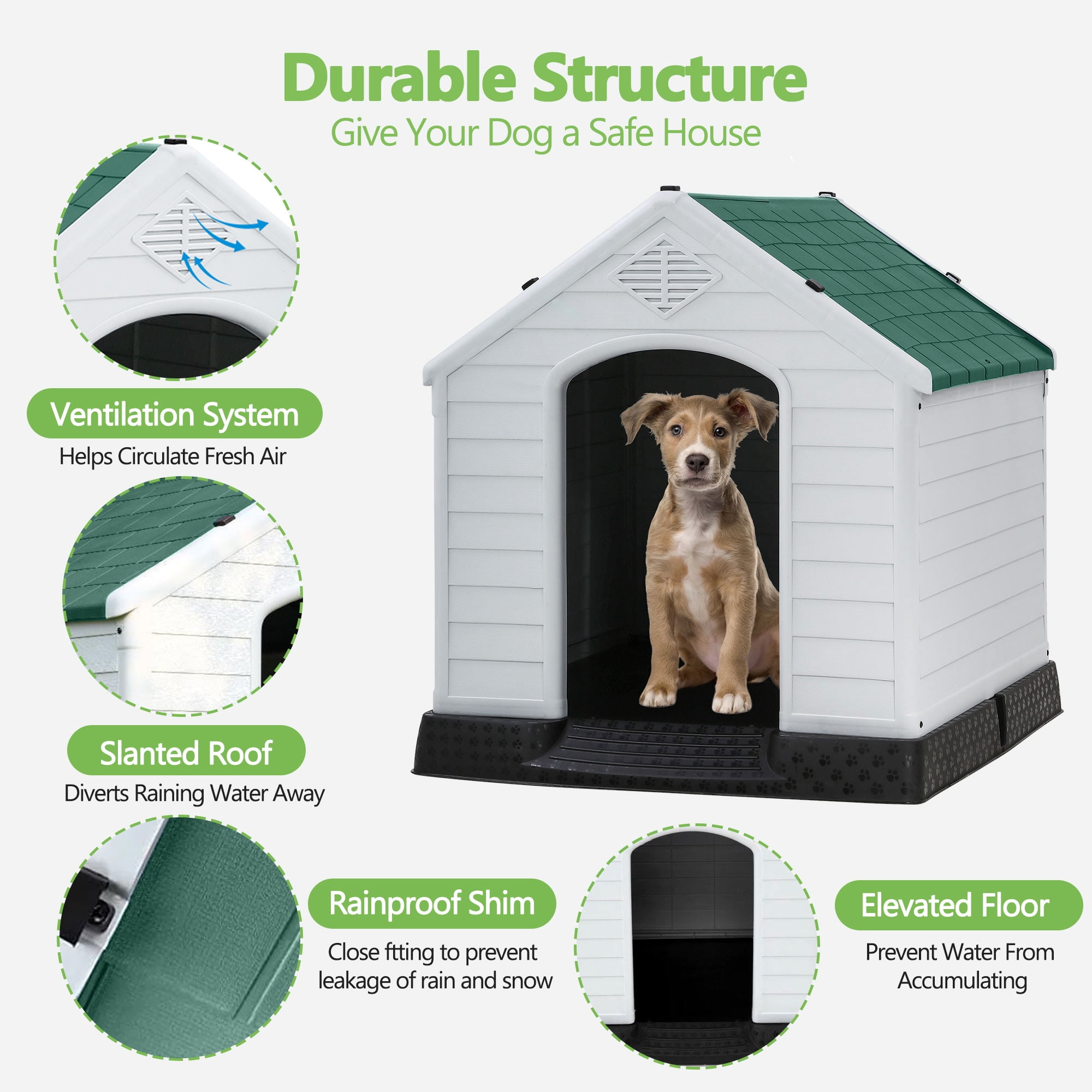 CL.HPAHKL Durable Plastic Dog House Outdoor Indoor, Waterproof Pet House for Small Medium Dogs, Insulated Puppy Shelter Doghouse with Elevated Floor and Air Vents(Green, 34 inch)