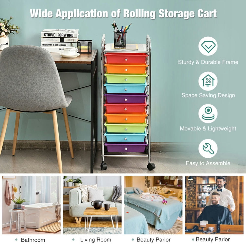 Demi Bonn 10 Drawer Rolling Storage Cart Organizer with 4 Universal Casters, Multicolor