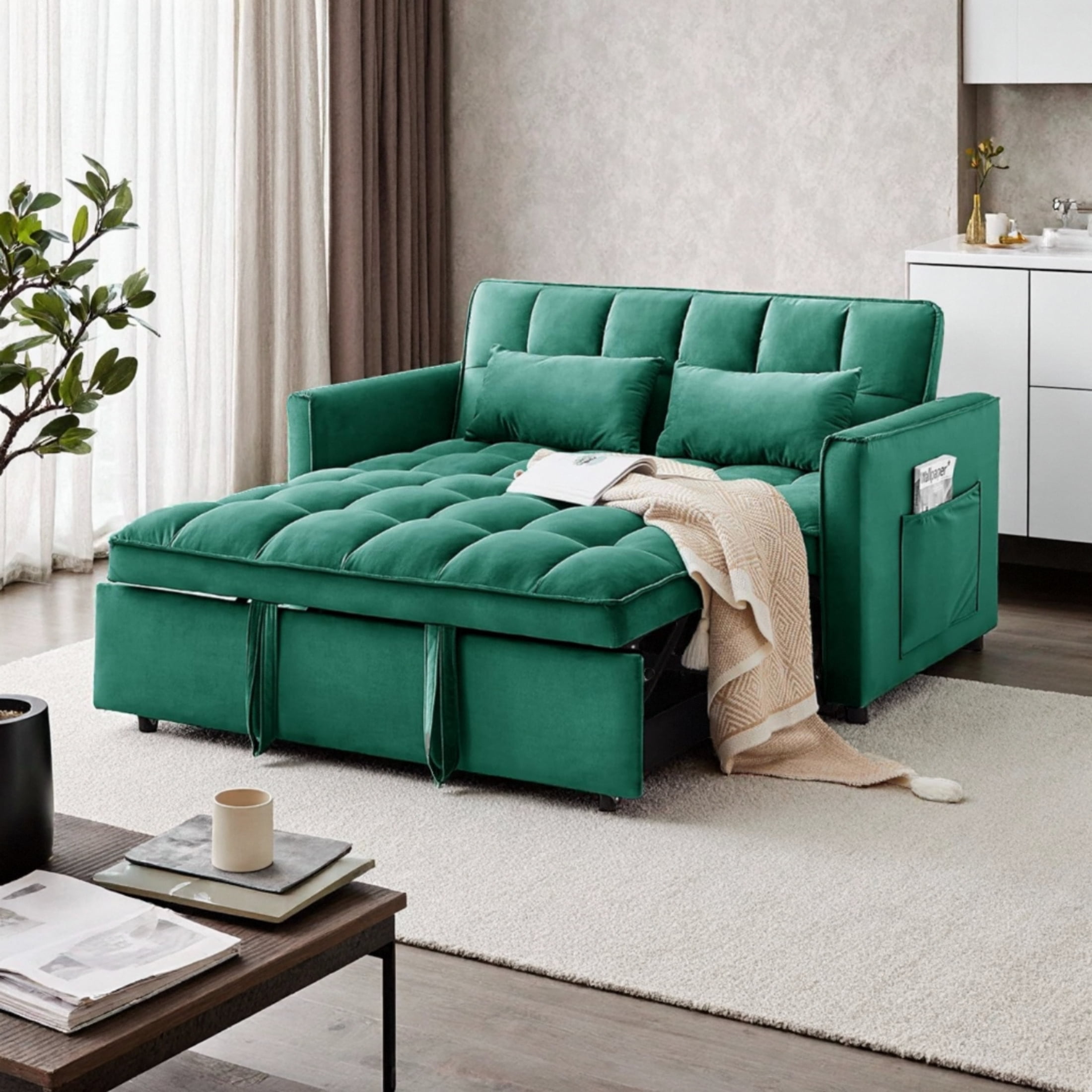 Vinform 55" 3 in 1 Convertible Sleeper Sofa Bed, Pull Out Loveseat Couch with Storage Pocket, Green